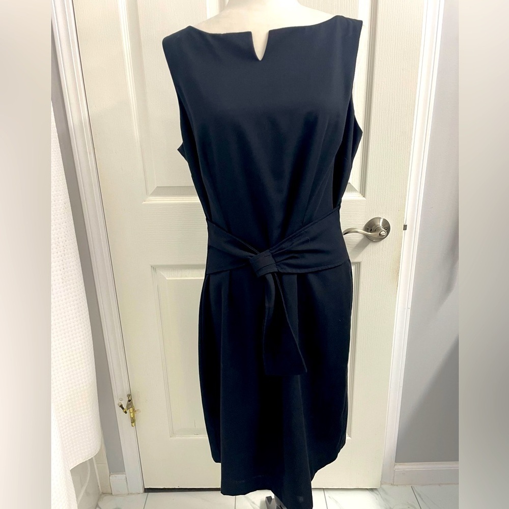 Linea Domani Classic Black Midi Dress Sleeveless Adjustable Belt Size 14